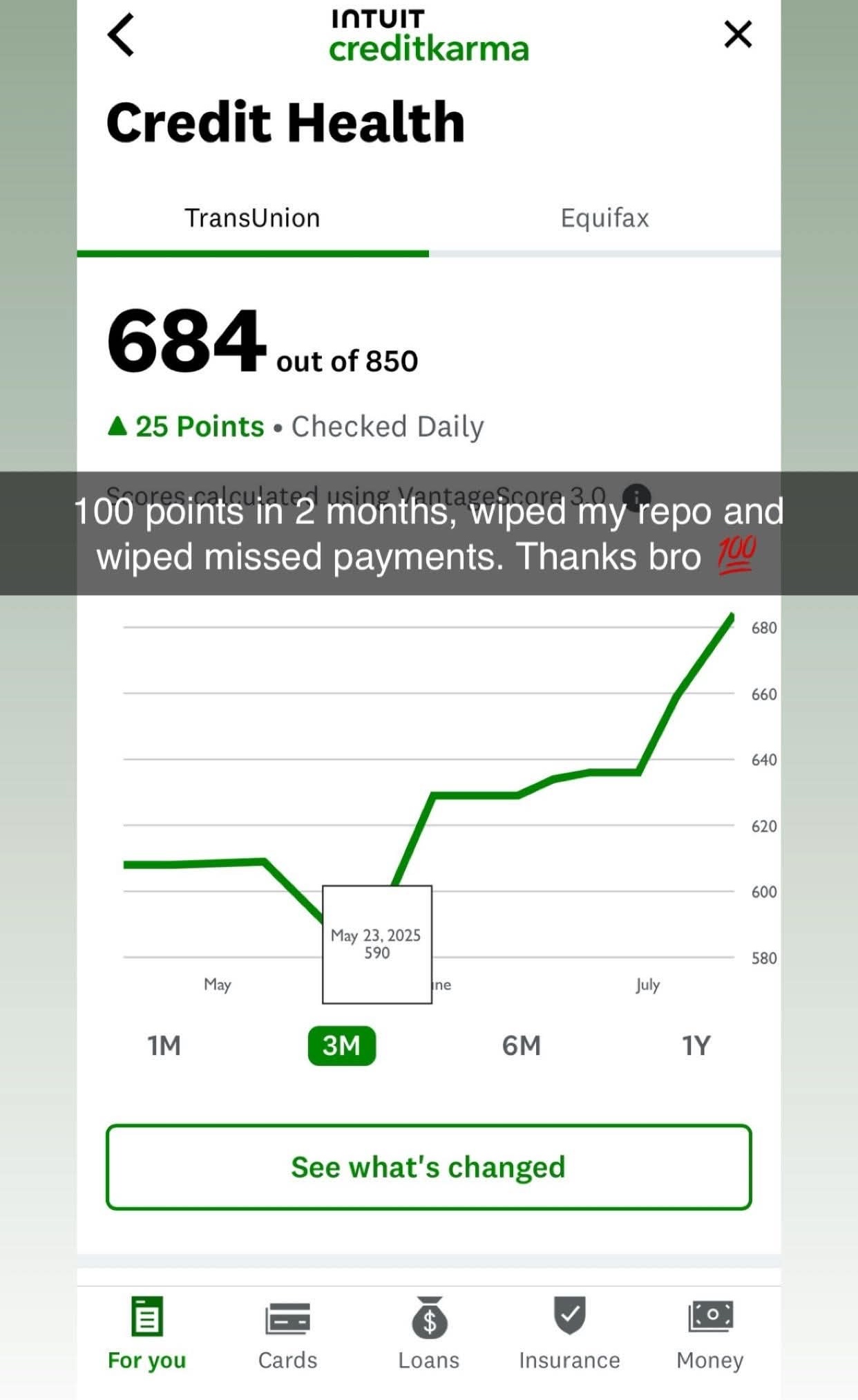 Credit Karma Credit Health screen showing a TransUnion score of 684, up 25 points, with a chart climbing from 590 on May 23, 2025. Message overlaid: 100 points in 2 months, wiped my repo and wiped missed payments. Thanks bro.